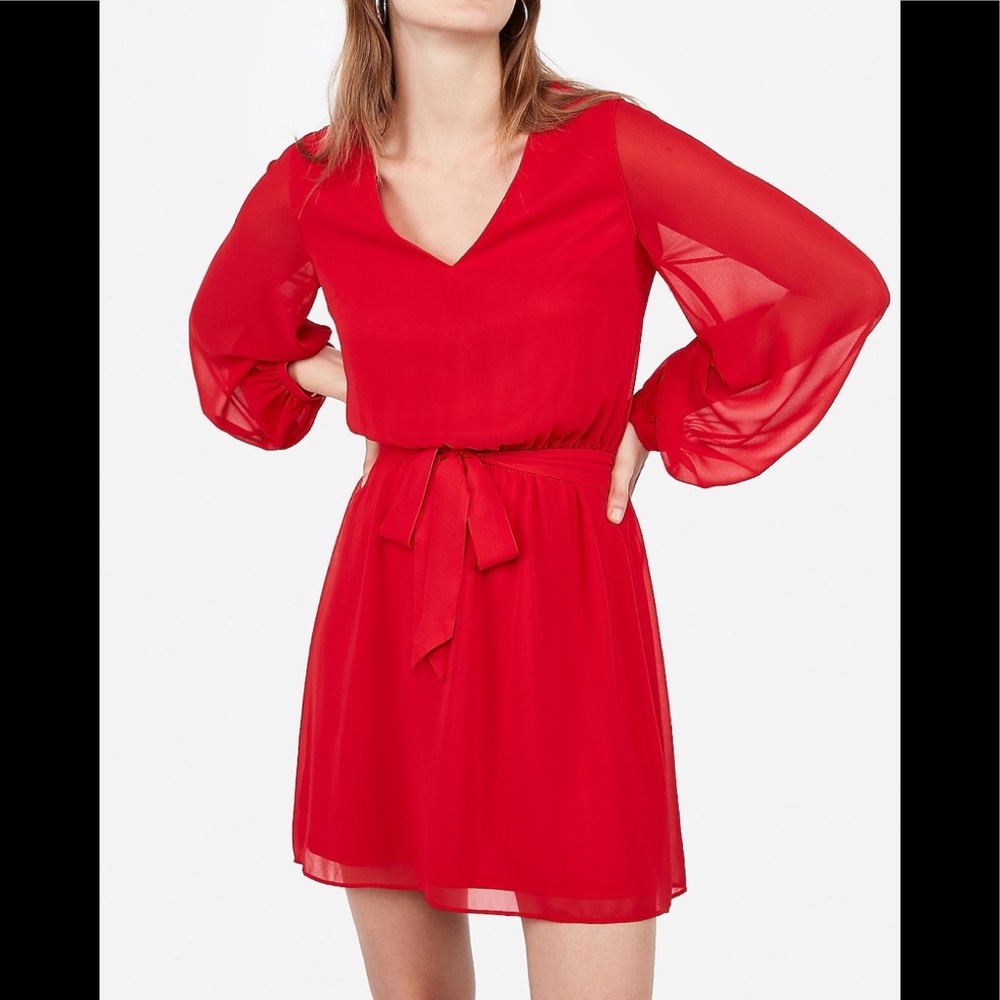 Express Red Chiffon Sash Belt Dress